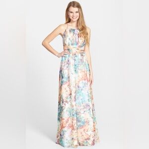 Aidan Mattox Watercolor Chiffon Halter Gown Ruched Side Cutout Maxi Dress 10‎